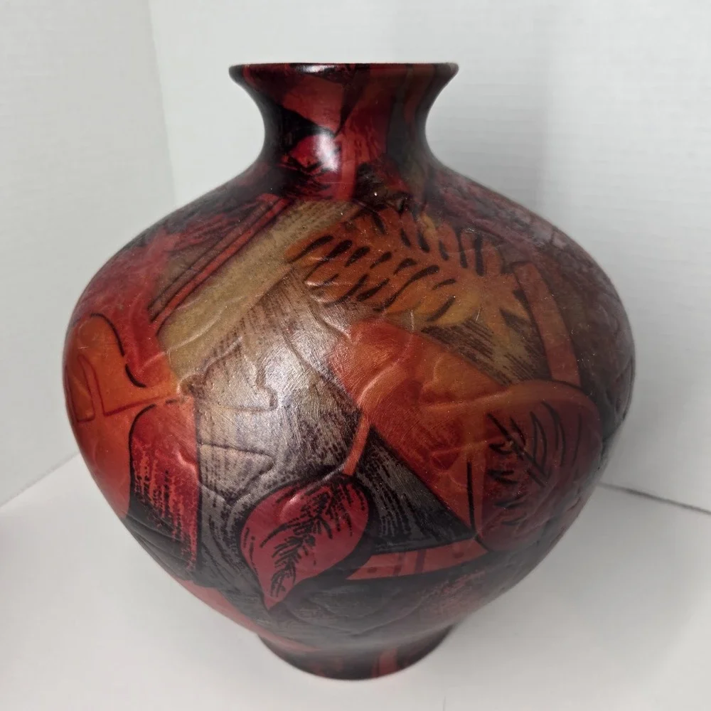 Vtg MCM Unique Art Deco Ceramic Large Balloon Vase‎ Red Brown Floral Pattern